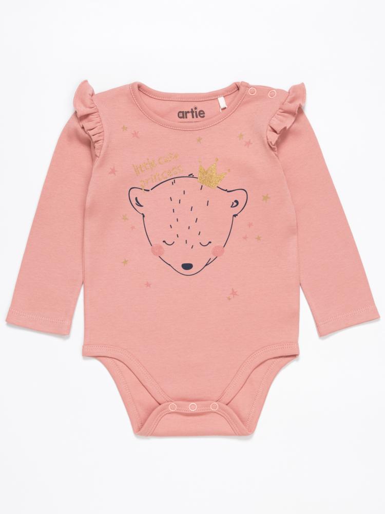 Artie - Baby Girl Pink Interlock Bodysuit with Ruffles & Gold details - Princess Bear - Stylemykid.com
