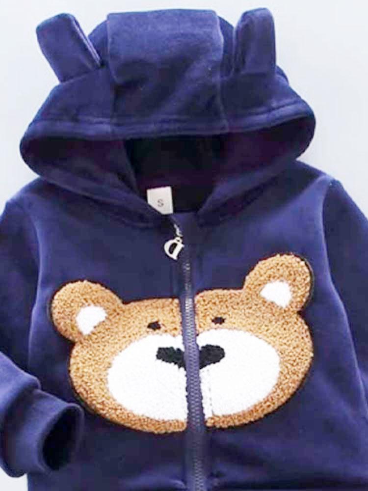 Bear Face Velour Hooded Zip Top & Bottoms - 2 Piece Outfit - Navy Blue - 1 to 4 years - Stylemykid.com
