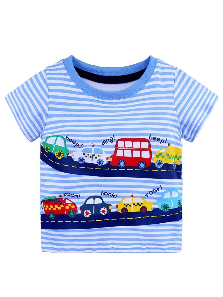 Beeping Bus Striped Short Sleeve T-Shirt - Blue and White Striped - Stylemykid.com
