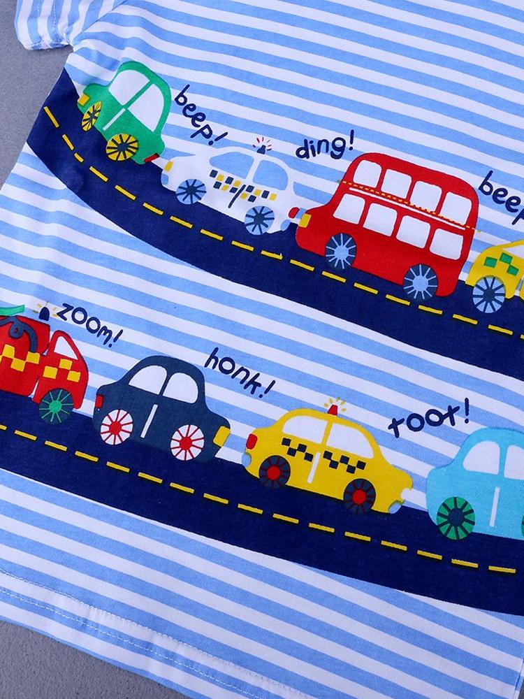 Beeping Bus Striped Short Sleeve T-Shirt - Blue and White Striped - Stylemykid.com