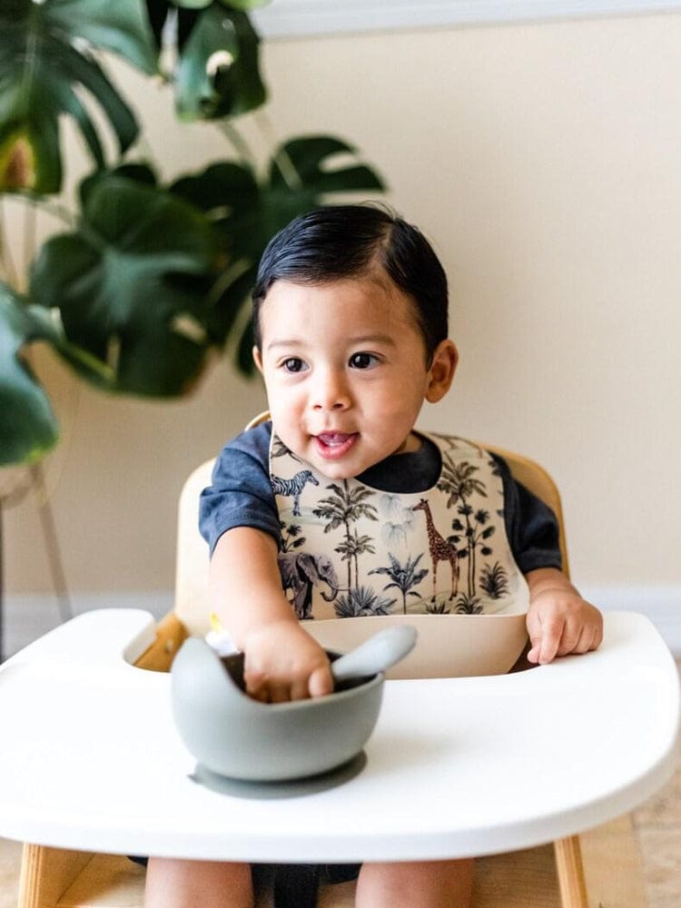Silicone Bibs & Bowl Baby Feeding Set - Bibs X 2, Food Bowl and Spoon - Safari & Grey - Stylemykid.com