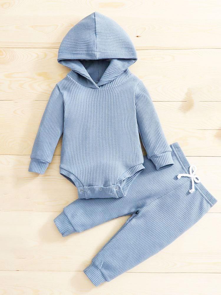 Blue Baby Hooded Bodysuit and Bottoms - 2 Piece Ribbed Outfit - Blue 6 to 12 Months - Stylemykid.com