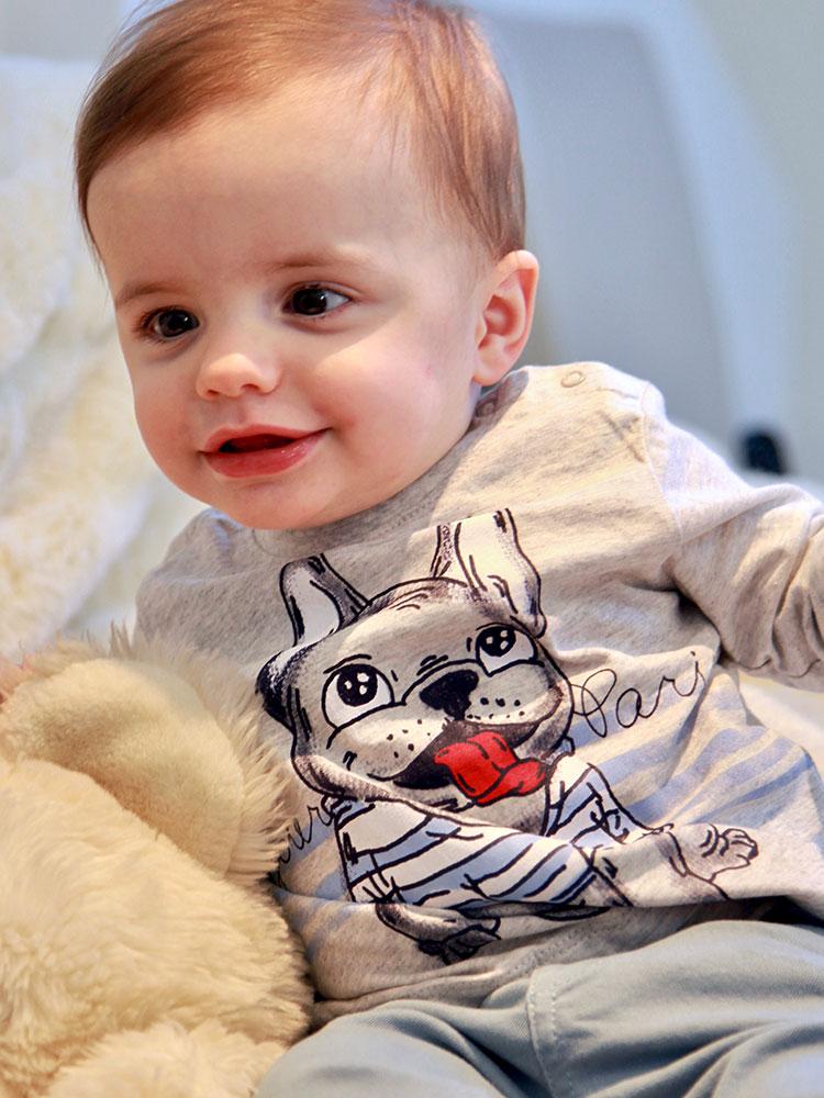 Bonjour Frenchie Bulldog - Light Grey Long Sleeve Top 9 to 12 months - Stylemykid.com