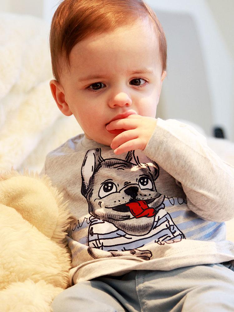 Bonjour Frenchie Bulldog - Light Grey Long Sleeve Top 9 to 12 months - Stylemykid.com