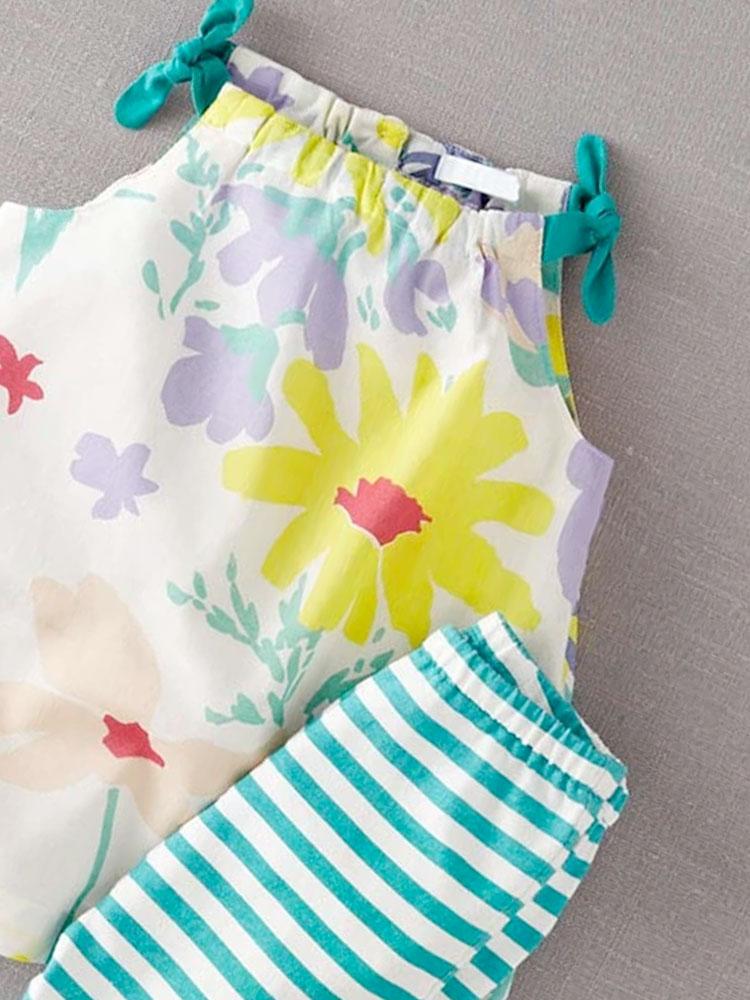 Bouquet Bows & Stripes - Girls Tie Shoulders Top and Short Leggings 5 to 6 years - Stylemykid.com