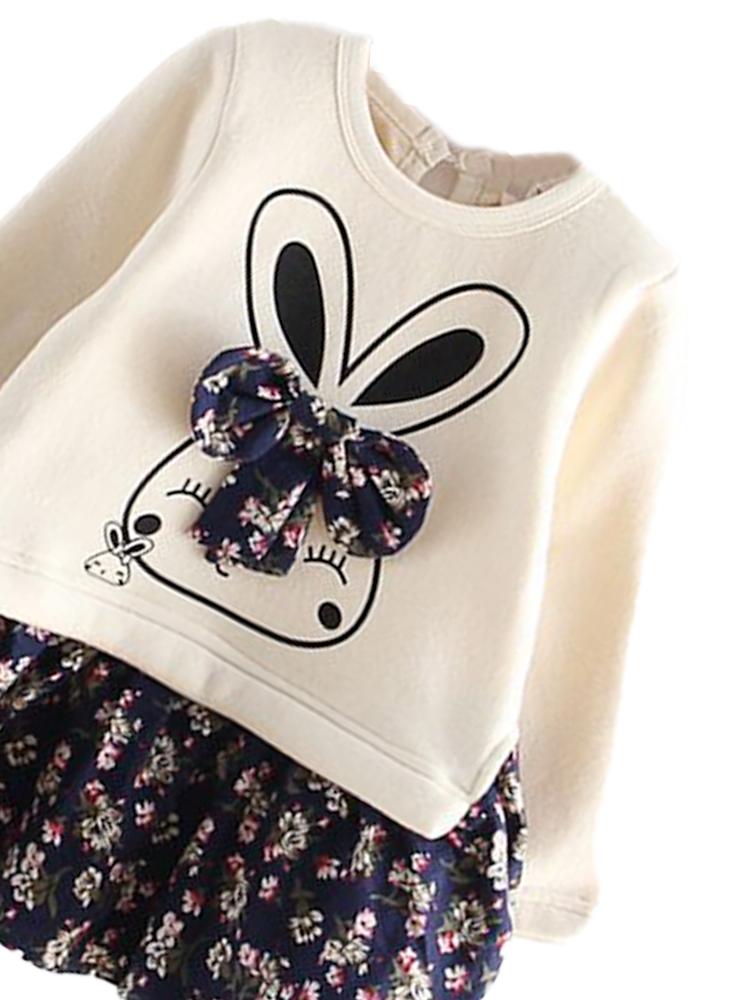 Bunny Bow Long Sleeve Top and Flared Flower Skirt Girls Dress - Cream & Dark Blue - Stylemykid.com