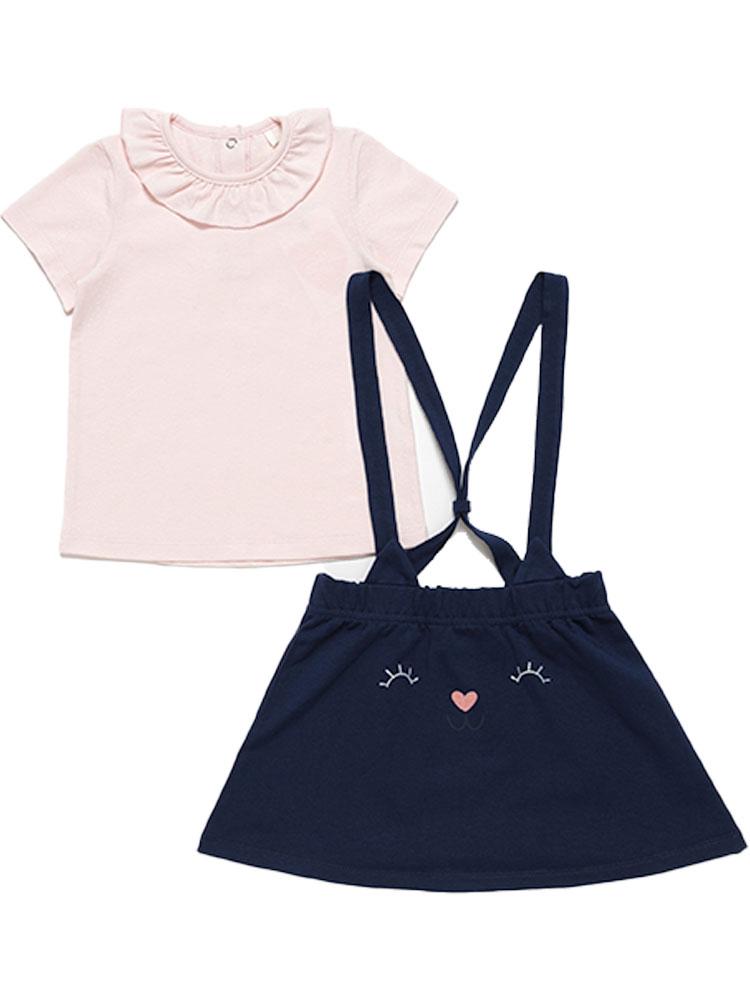 Artie - Girls Pink Top and Dark Blue Bunny Pinafore Skirt - 2 Piece Outfit - Stylemykid.com