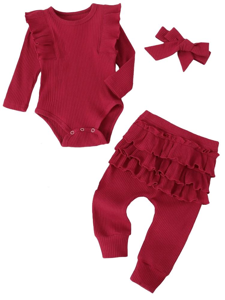 Burgundy Baby Girl 3 Piece Ruffle & Ribbed Bodysuit, Leggings & Headband Outfit - 3-12 Months - Stylemykid.com