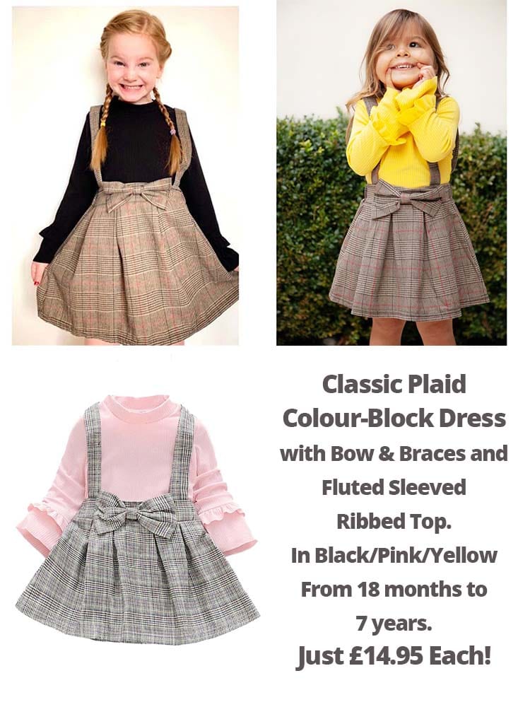 Classic Plaid Colour-Block Dress with Bow and Braces with Pink Top - Stylemykid.com