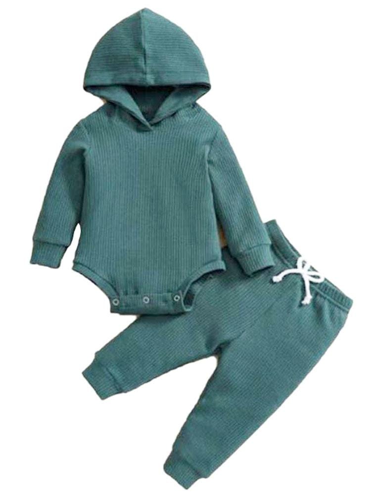 Dark Green Baby Hooded Bodysuit and Bottoms - 2 Piece Ribbed Outfit - 3M-18M - Stylemykid.com