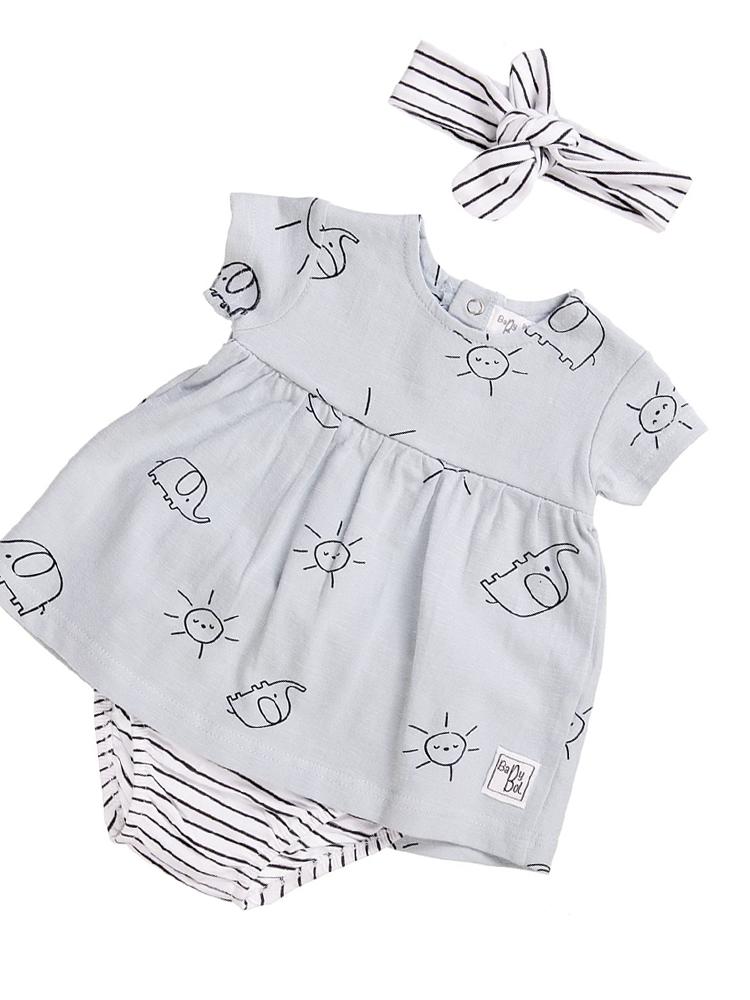 Babybol - Sunshine and Elephants Dress, Knickers & Headband Baby 3 Piece Outfit 12 to 24 Months - Stylemykid.com