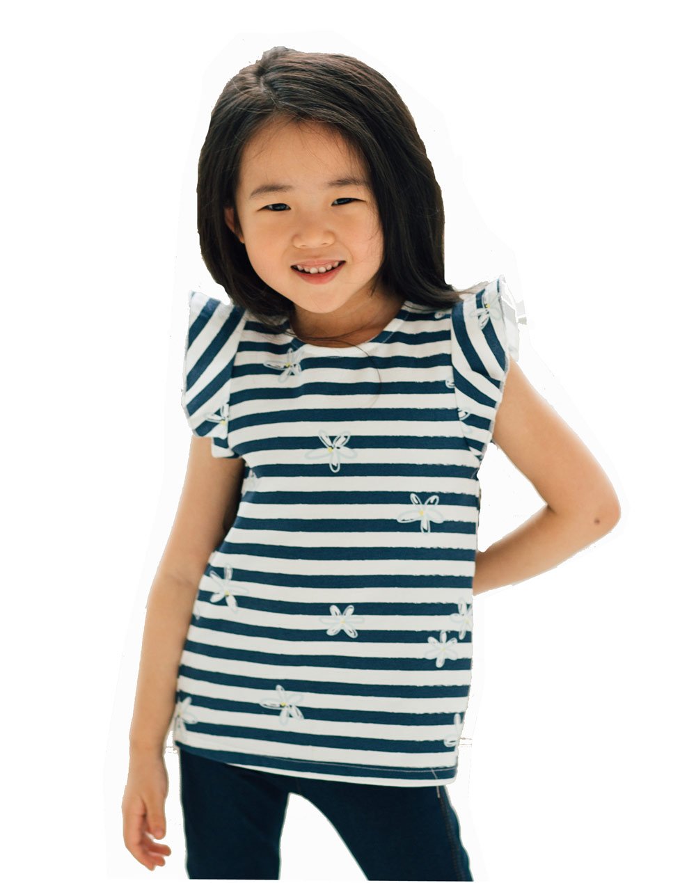 Artie - Girls Navy & White Short Sleeve Striped Top - Flower Frills - Stylemykid.com