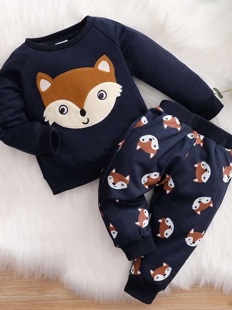 Dark Blue Baby & Toddler Fox Face Sweater & Bottoms - 2 Piece Outfit - 3 to 12M - Stylemykid.com