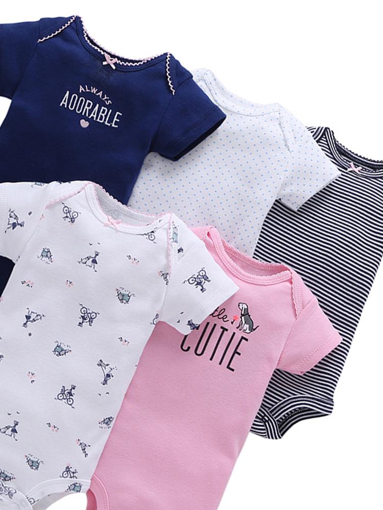 Baby Girls Short Sleeve Cotton Bodysuit 5 Pack -Blue Pink White - 0 to 12 months - Stylemykid.com