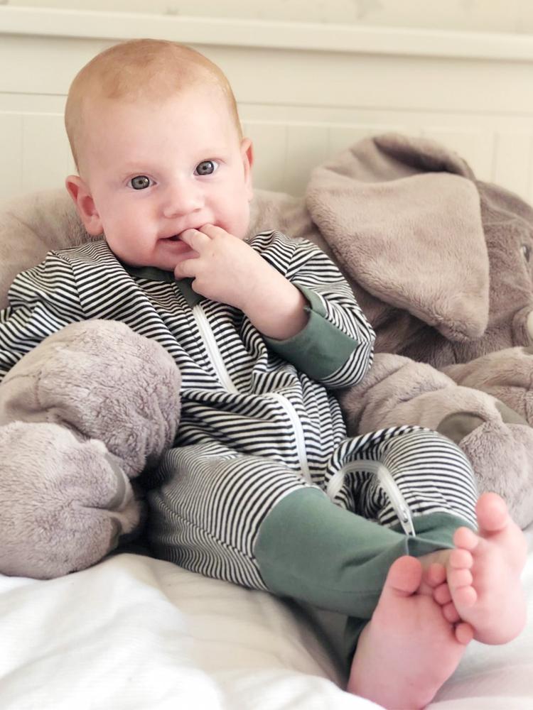Green Monochrome Stripes Baby Zip Sleepsuit with Hand & Feet Cuffs - Stylemykid.com