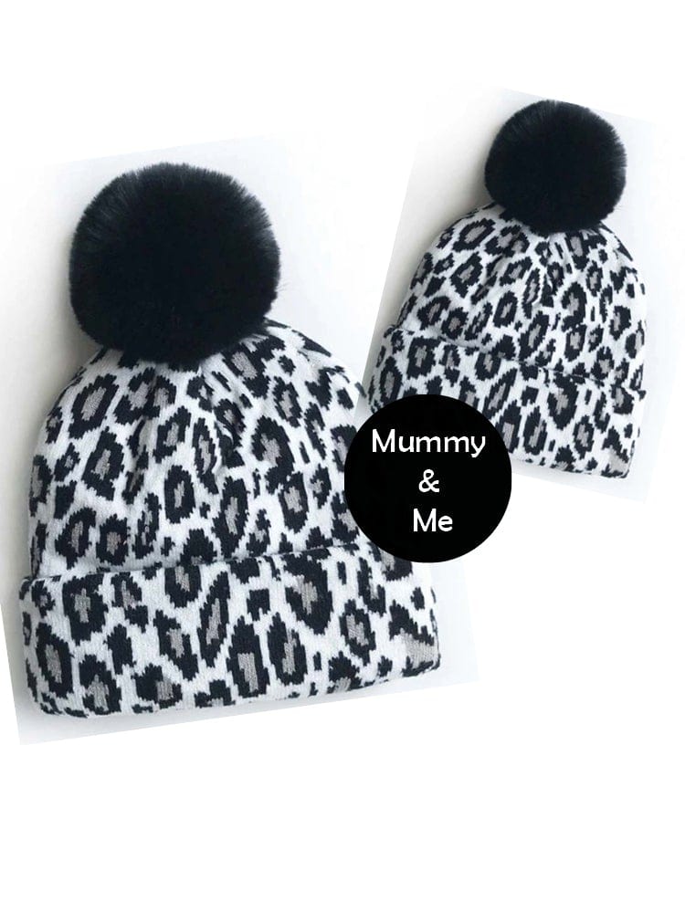 Mum & Me Matching Leopard Faux Pom Pom Hat - SNOW Leopard - Black and White Animal Print - Stylemykid.com
