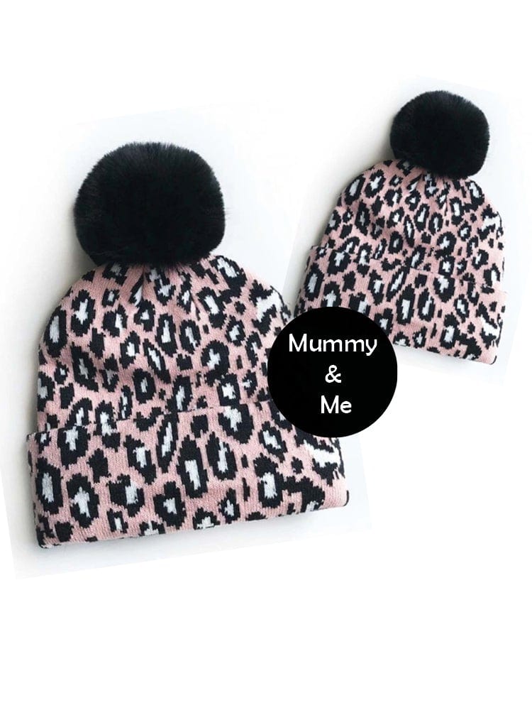 Mum & Me Matching Leopard Faux Pom Pom Hat - PINK Leopard - Pink and Black Animal Print - Stylemykid.com