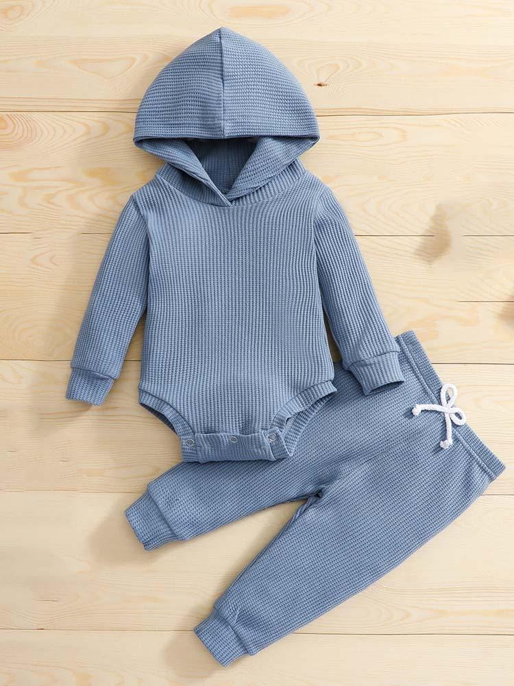 Blue Baby Hooded Bodysuit and Bottoms - 2 Piece Ribbed Outfit - Blue 6 to 12 Months - Stylemykid.com