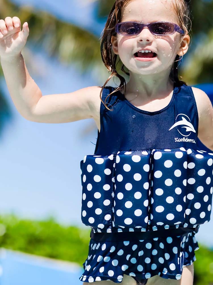 Konfidence Kids - Girls Floatsuit Buoyancy Swimsuit Navy Polka Dot - 1 to 3 Years - Stylemykid.com