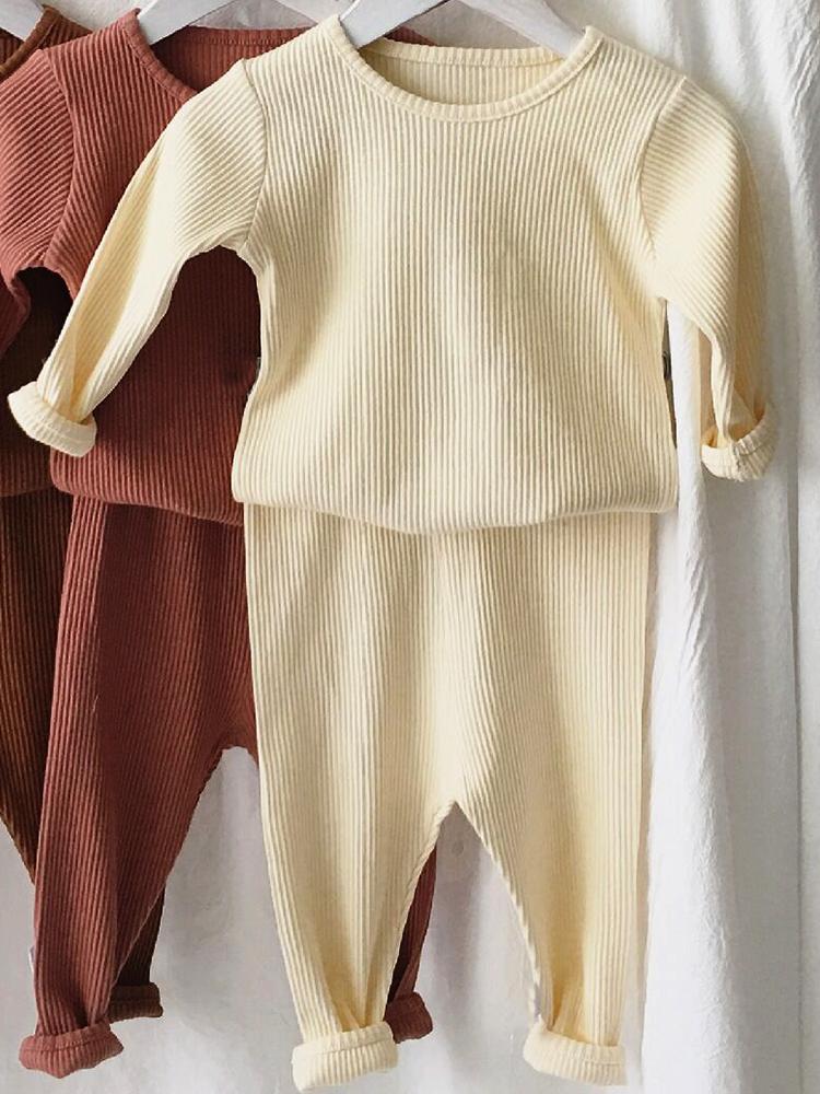 Baby & Toddler Lounge Set - Plain Ribbed Top and Bottoms - Cream - Stylemykid.com