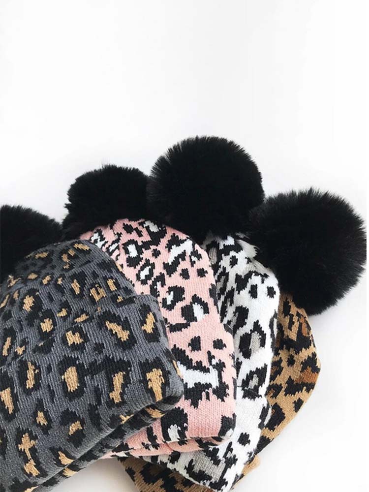 Mum & Me Matching Leopard Faux Pom Pom Hat - SNOW Leopard - Black and White Animal Print - Stylemykid.com