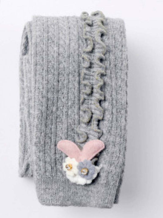 Light Grey Flower Frills Bunny Footless Girls Tights/ Leggings - Stylemykid.com