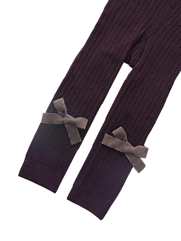 Maroon Ribbon Bow Ribbed Footless Girls Tights/ Leggings - Stylemykid.com