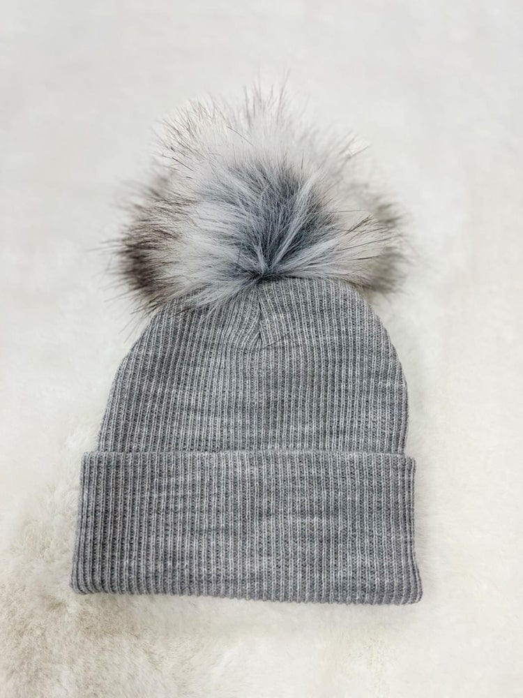 Ribbed Faux Fur Pom Pom Hat - Silver Grey - 3-24 Months - Stylemykid.com