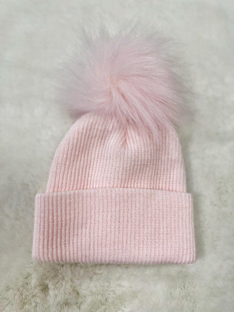 Ribbed Faux Fur Pom Pom Hat - Baby Pink - 3-24 Months - Stylemykid.com