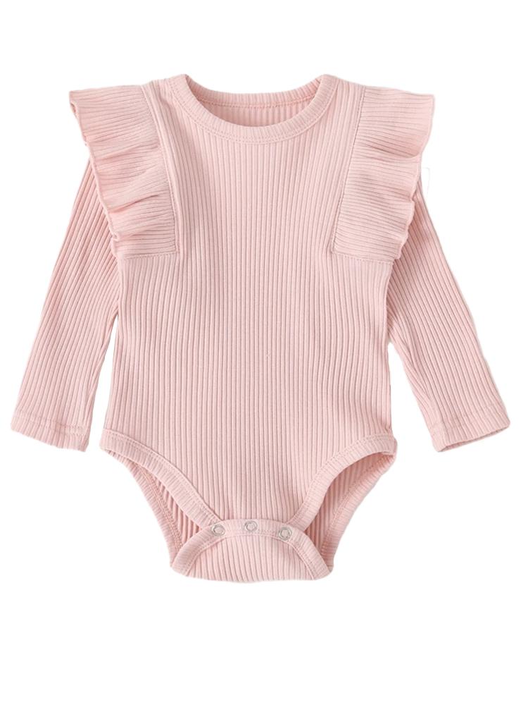 Pastel Pink Baby Girl 3 Piece Ruffle & Ribbed Bobysuit, Leggings & Headband Outfit - 3-12Months - Stylemykid.com