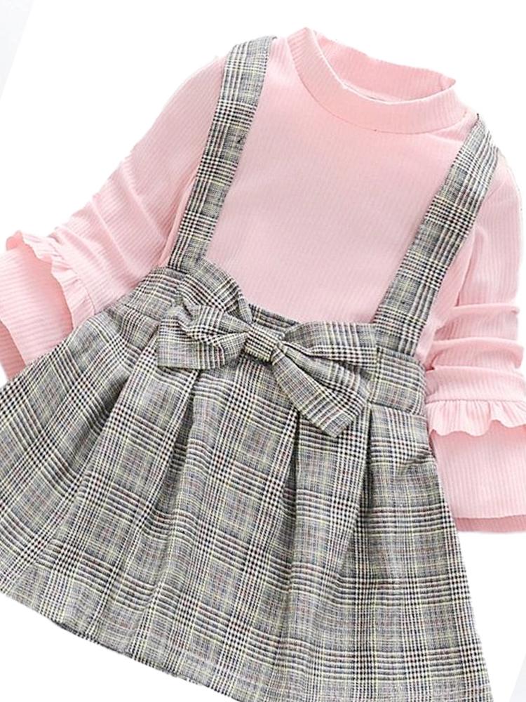 Classic Plaid Colour-Block Dress with Bow and Braces with Pink Top - Stylemykid.com