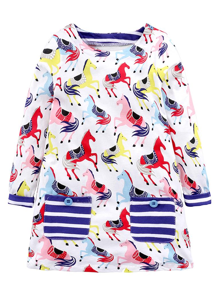 Prancing Ponies - Girls Long Sleeve Colourful Pony & White Dress with Striped Pockets - 18 months to 2 years - Stylemykid.com