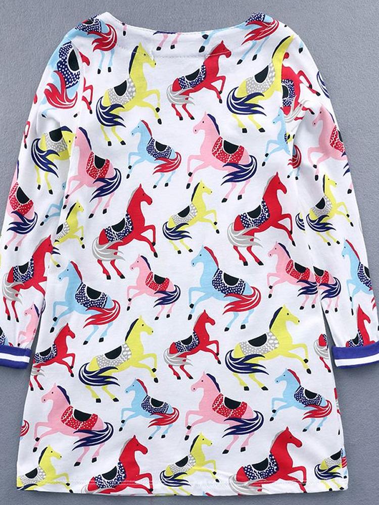 Prancing Ponies - Girls Long Sleeve Colourful Pony & White Dress with Striped Pockets - 18 months to 2 years - Stylemykid.com