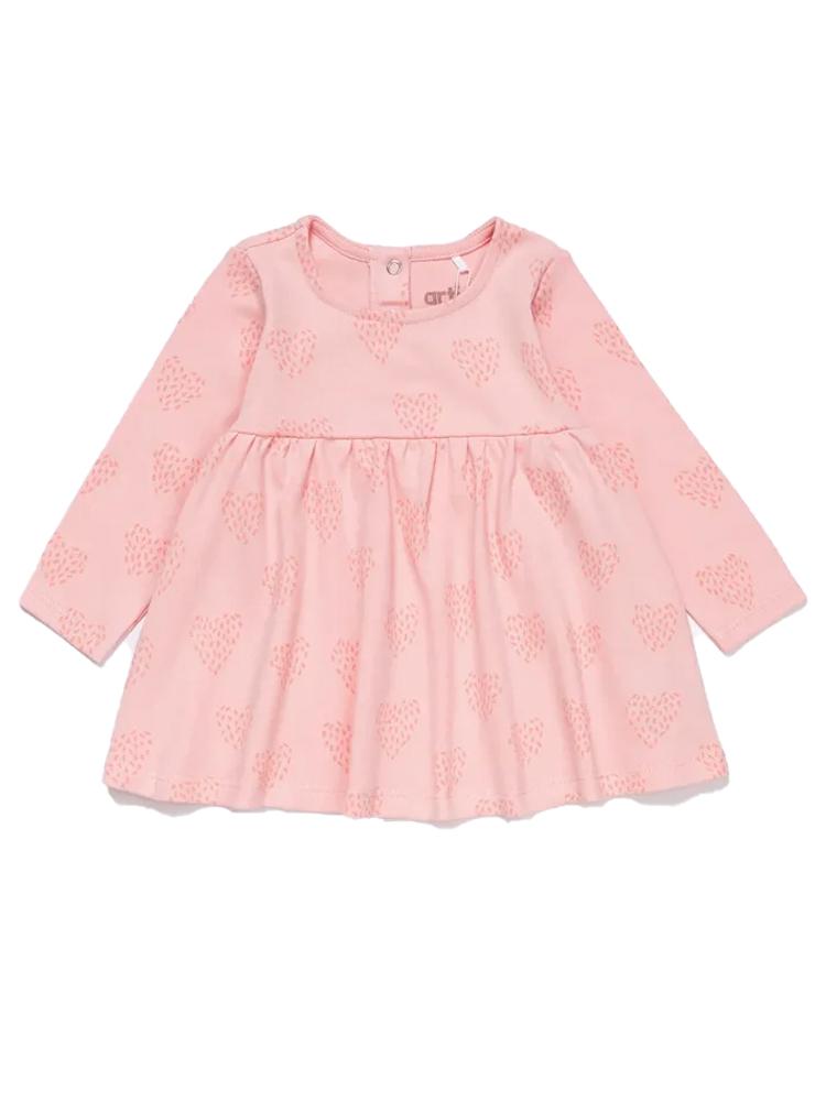 Artie - Feathered Heart Long Sleeve Pink Baby Interlock Dress 6 to 24 Months - Stylemykid.com