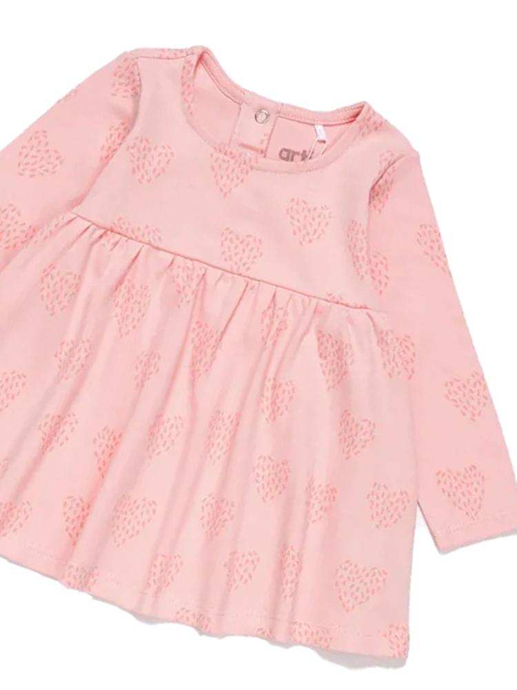 Artie - Feathered Heart Long Sleeve Pink Baby Interlock Dress 6 to 24 Months - Stylemykid.com