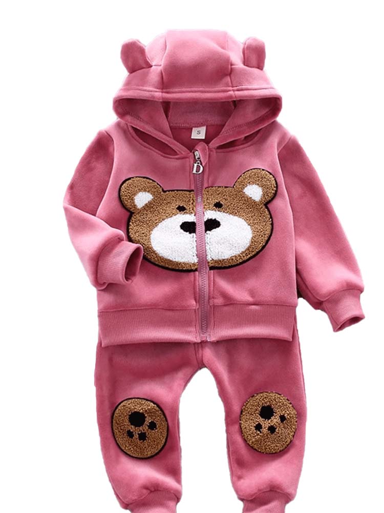 Bear Face Velour Hooded Zip Top & Bottoms - 2 Piece Outfit - Rose Pink - Stylemykid.com