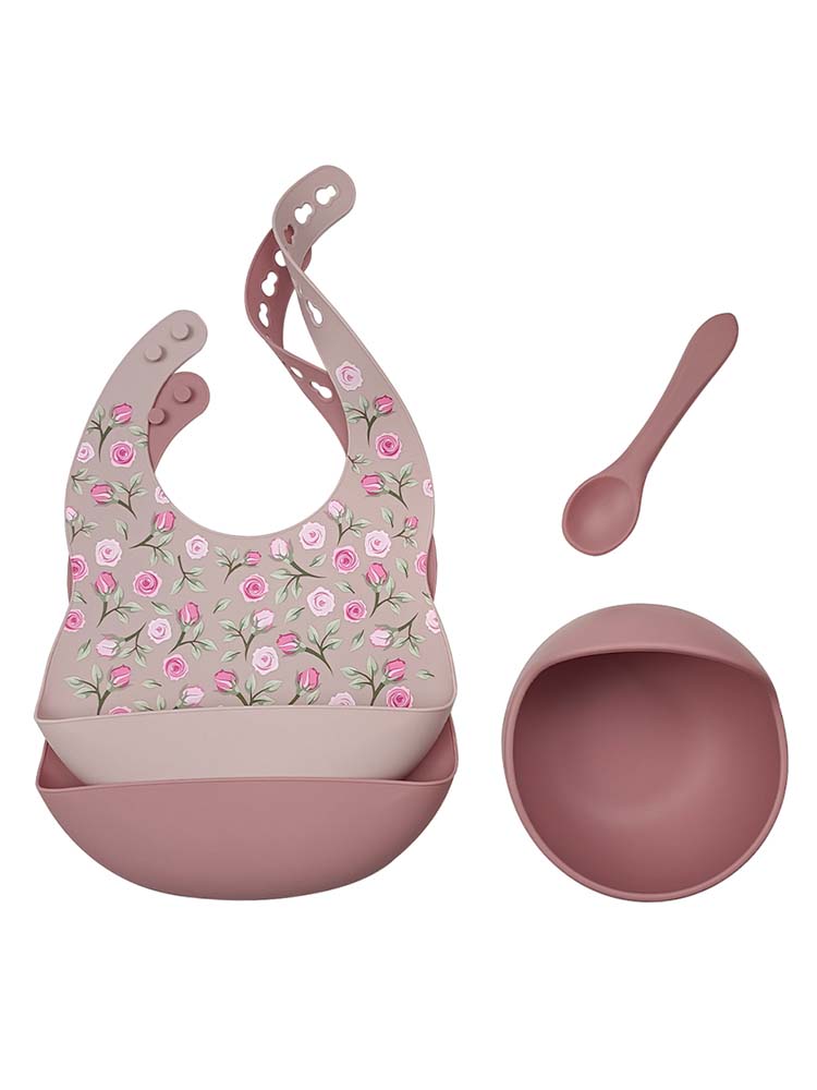 Silicone Bibs & Bowl Baby Feeding Set - Bibs X 2, Food Bowl and Spoon - Rose & Blush Pink - Stylemykid.com