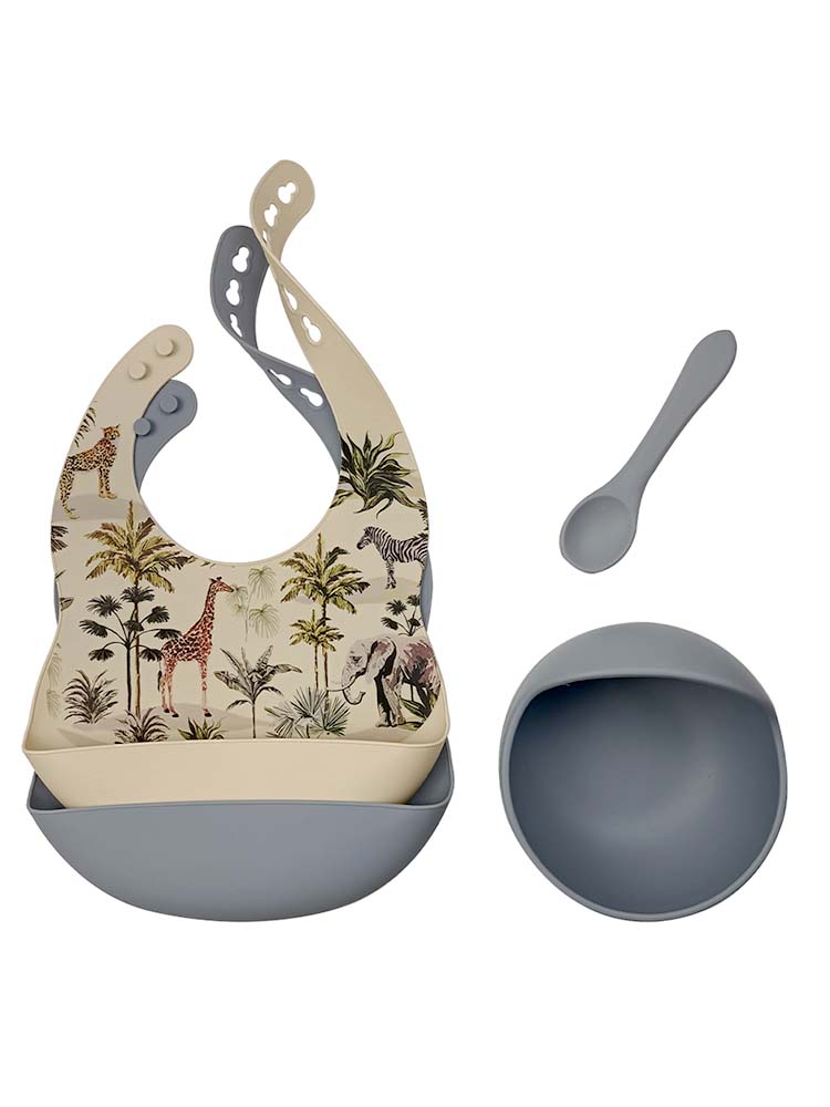 Silicone Bibs & Bowl Baby Feeding Set - Bibs X 2, Food Bowl and Spoon - Safari & Grey - Stylemykid.com