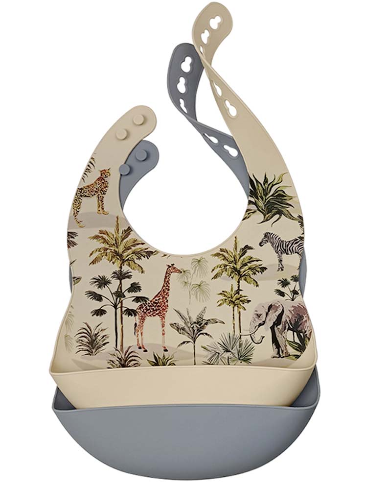 Silicone Bibs & Bowl Baby Feeding Set - Bibs X 2, Food Bowl and Spoon - Safari & Grey - Stylemykid.com