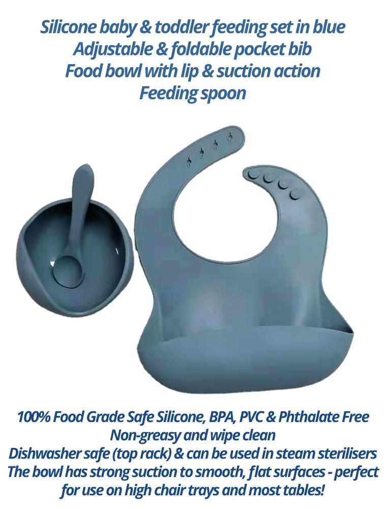 Blueberry Blue Bib Bowl and Spoon - Silicone Baby Bib, Food Bowl and Spoon - Stylemykid.com