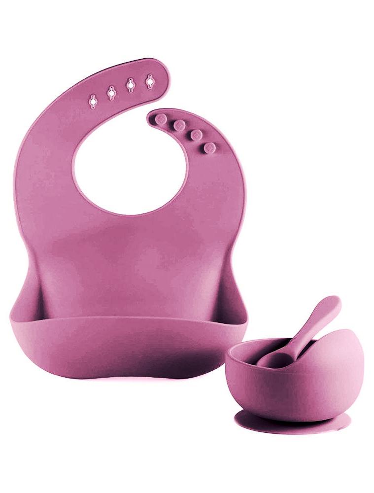 Plum Pink Bib Bowl and Spoon - Silicone Baby Bib, Food Bowl and Spoon - Stylemykid.com
