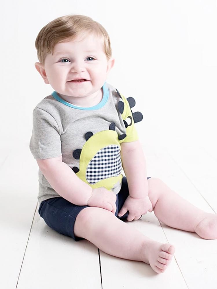 Spikey Dino Romper - Grey and Blue with Bright Dinosaur 3D Applique 6 to 12 months - Stylemykid.com