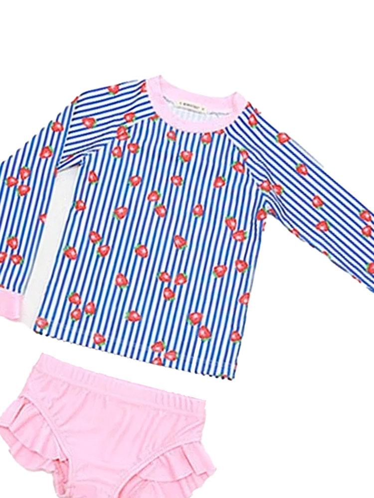 Girls 2 Piece Frilled Swimming Costume in Strawberry Stripe 4 to 5Y - Stylemykid.com