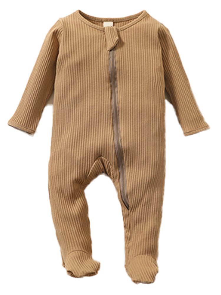 Tan Footed Ribbed Baby Zip Sleepsuit - 3-6 months - Stylemykid.com