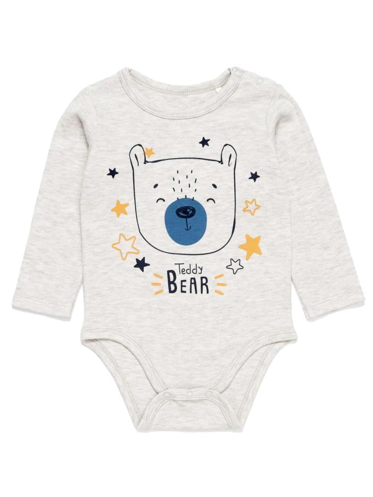 Artie - Light Grey Marl Baby Bodysuit with Teddy Bear Design 0 to 3 months - Stylemykid.com