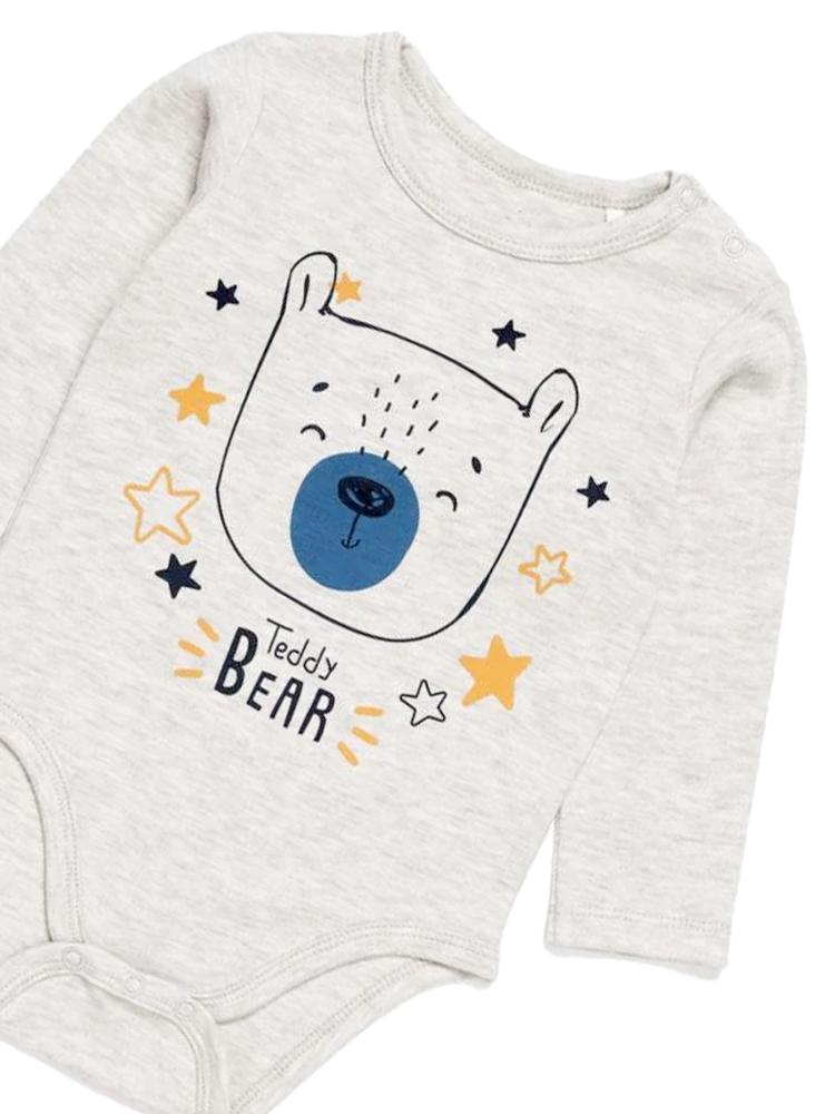 Artie - Light Grey Marl Baby Bodysuit with Teddy Bear Design 0 to 3 months - Stylemykid.com