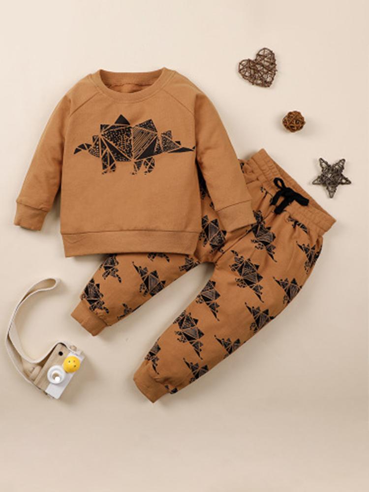 Super Stegosaurus - Dinosaur Print Boys/Girls Tan & Black Tracksuit - 2 Piece Set - Stylemykid.com
