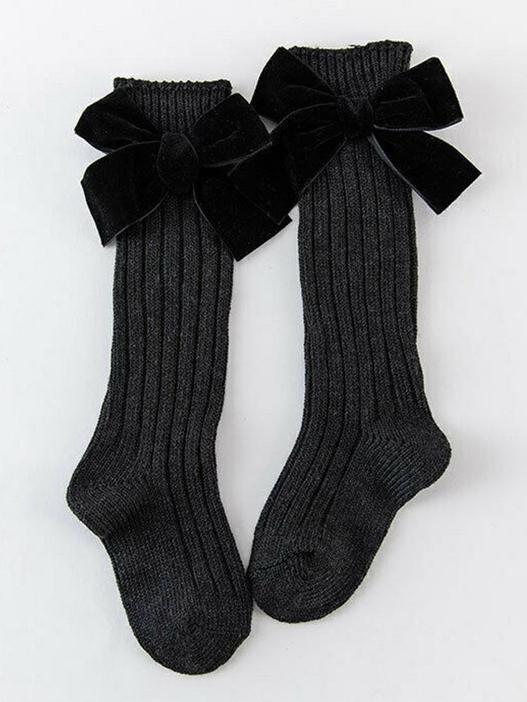 Velvet Bow Girls Long Socks Black