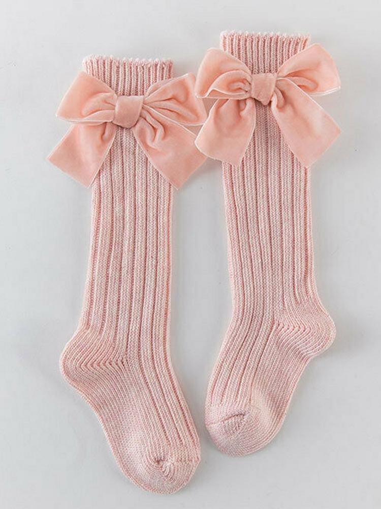 Velvet Bow Girls Long Socks Pink