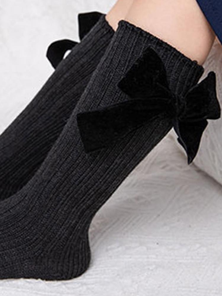 Velvet Bow Girls Long Socks Black
